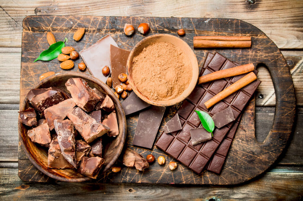 fundo com barras de chocolate, canela e chocolate em pó