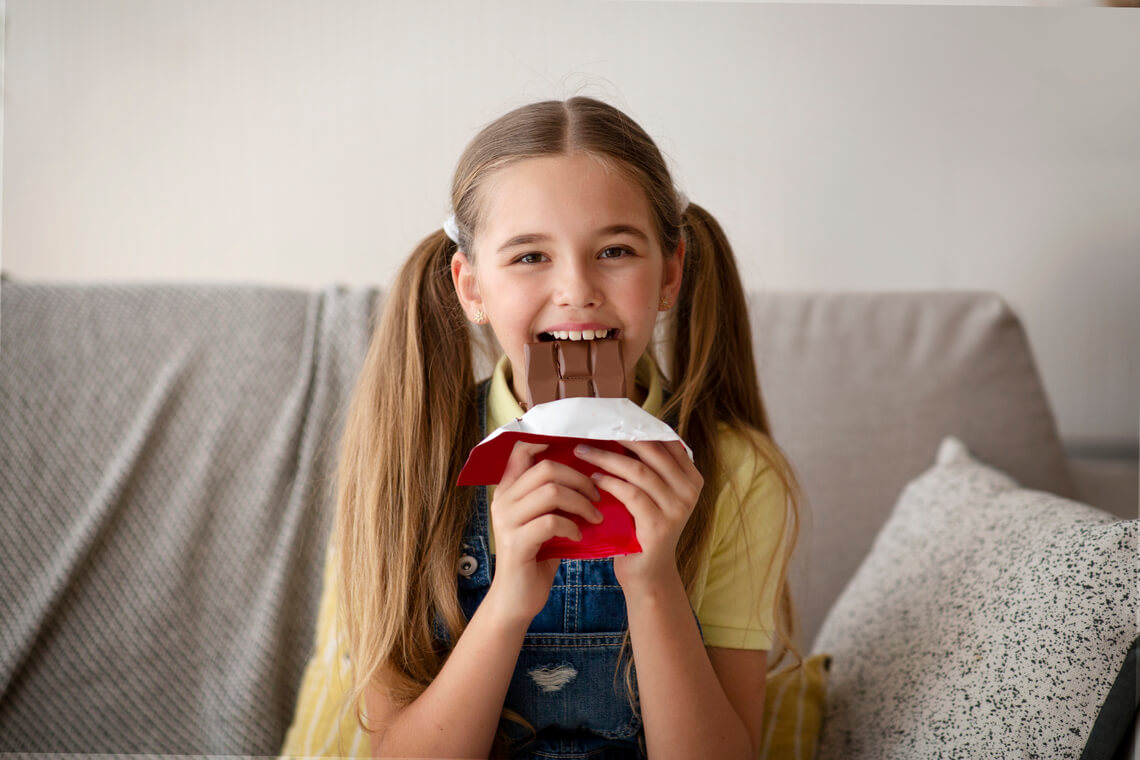 menina jovem comendo uma barra de chocolate