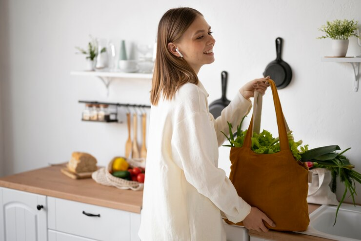 Mulher engajada na sustentabilidade na cozinha chegando em casa com compras do mercado