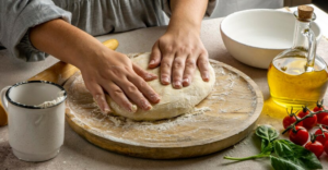 Mulher esticando a massa da pizza