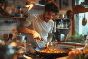 Homem cozinhando comida saudável em casa