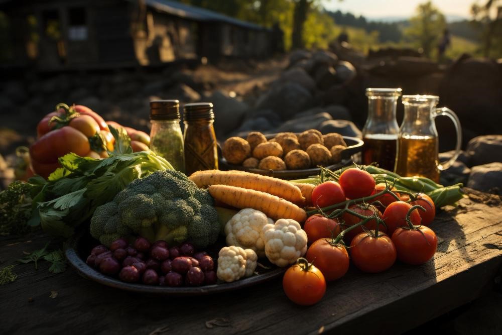 alimentos da estação colocados em cima de uma mesa de madeira