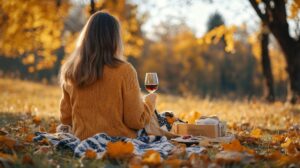 Mulher fazendo piquenique em pleno outono tomando vinho tindo.