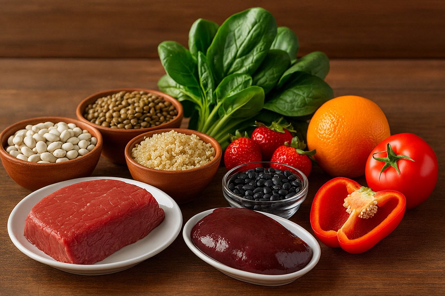 Alimentos ricos em ferro que ajudam na recuperação após a doação de sangue, como fígado, frutas, espinafre, feijões etc.