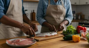 Casal cozinhando juntos. 