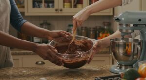 Casal preparando receitas com chocolate juntos. 