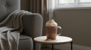 Chocolate quente em cima de uma mesinha em uma sala de estar.