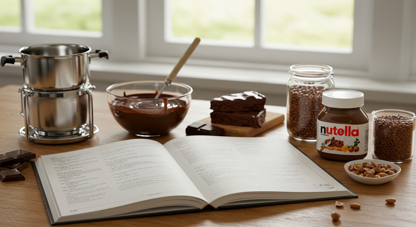 Livro de receitas aberto em cima de uma mesa com ingredientes de chocolate ao lado.