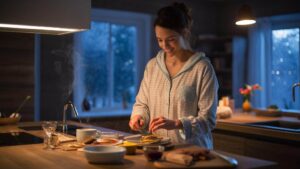Mulher preparando lanches rápidos e práticos em sua cozinha. 