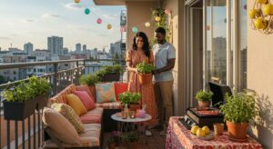 Casal decorando a varanda do apartamento para receber visitas para um churrasco.