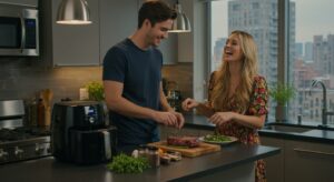 Casal fazendo churrasco juntos em seu apartamento.