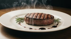 Filé de carne suculento mal passado. 