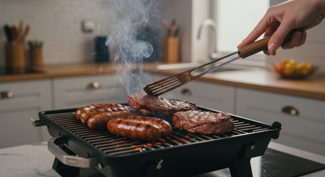 Homem fazendo churrasco em casa de forma indoor.