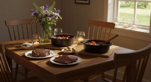 Mesa de almoço posta com vários pratos de carne.