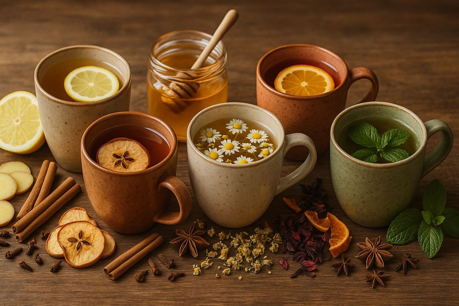 Vários chás sobre uma mesa de madeira, entre eles temos chá de camomila, chá de hortelã entre muitas variedades.