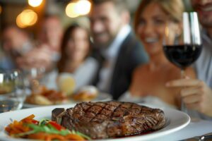 Carne sendo servida em um jantar.