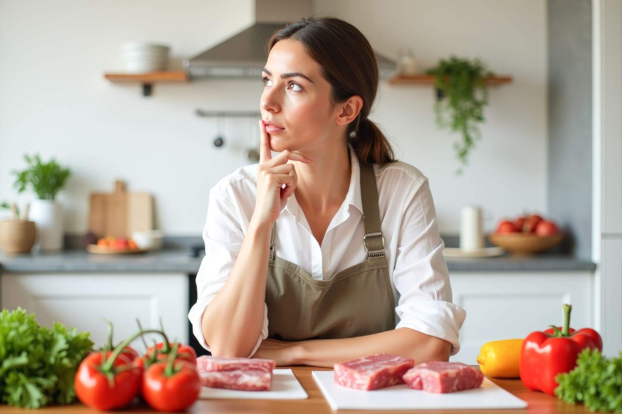 Mulher pensando sobre qual tipo de carne preparar.