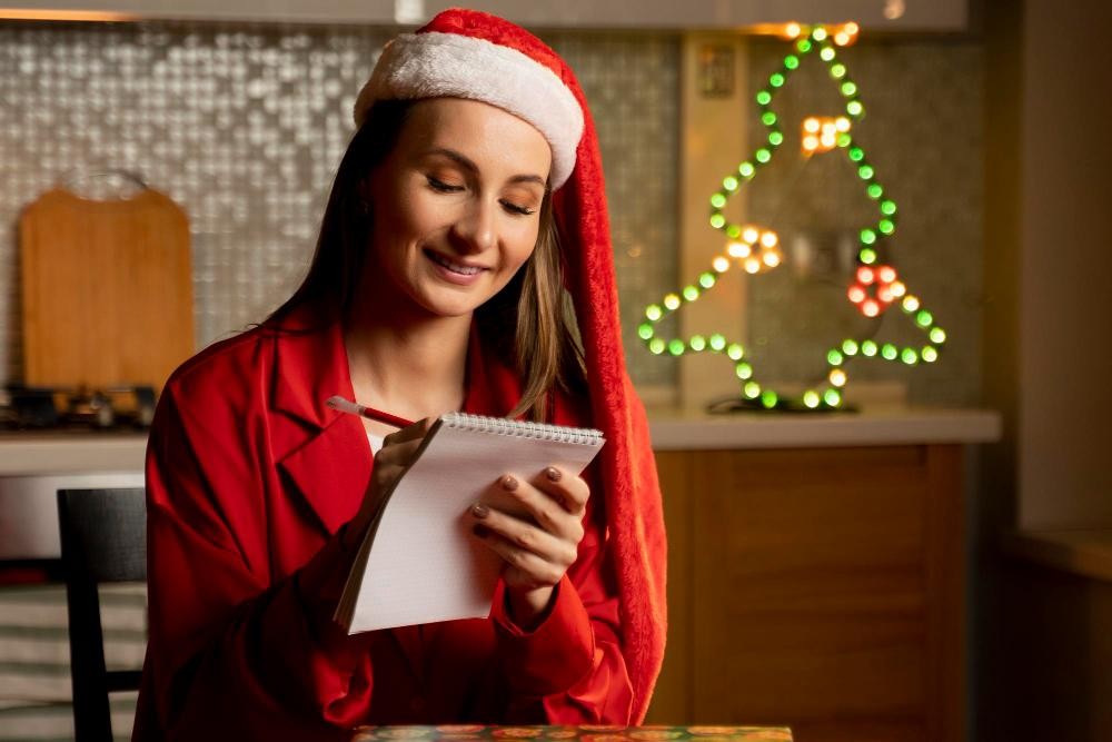 Mulher com roupas natalinas anotando O que não pode faltar na sua Ceia de Natal