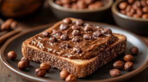 Torrada de pão integral coberta com camada generosa de chocolate e avelãs inteiras por cima, exemplificando receitas com creme de avelã práticas.