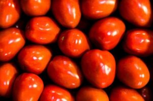 Vista superior de diversos frutos de tomate maduros e brilhantes, preenchendo todo o quadro com sua cor vermelha vibrante.