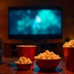 Ambiente aconchegante de uma sala à meia-luz com uma TV ao fundo e, em primeiro plano, diversas tigelas e baldes vermelhos cheios de pipoca sobre uma mesa de madeira. A cena inspira uma noite de cinema com variadas receitas de pipoca.