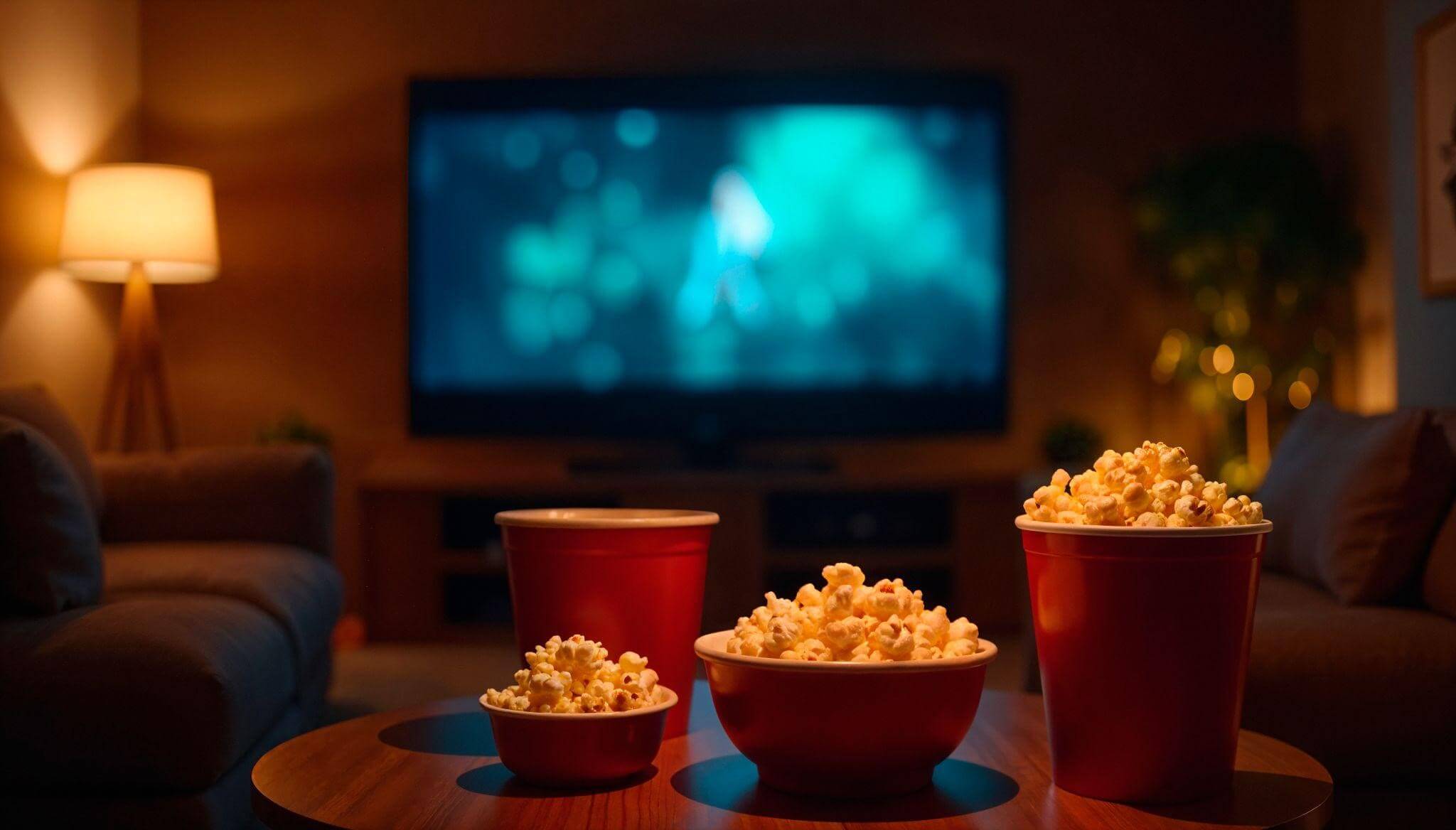 Ambiente aconchegante de uma sala à meia-luz com uma TV ao fundo e, em primeiro plano, diversas tigelas e baldes vermelhos cheios de pipoca sobre uma mesa de madeira. A cena inspira uma noite de cinema com variadas receitas de pipoca.