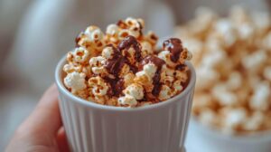 Close-up detalhado de pipocas gourmet cobertas com creme de avelã (Nutella) servidas em um ramequin branco frisado. Uma imagem apetitosa que ilustra receitas de pipoca doce para sobremesa.