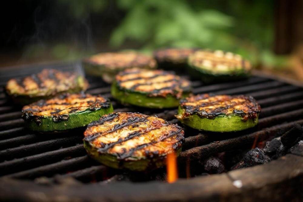 Abobrinha sendo assada na grelha em um churrasco sem carne