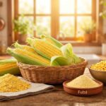 Composição rústica em uma mesa de madeira iluminada pela luz solar. Ao centro, um cesto de vime com espigas de milho frescas; ao lado, bowls e porções com grãos de milho, farinha grossa e fubá fino. A imagem ilustra as variadas texturas e formas de aproveitar o milho em diferentes estágios de processamento.