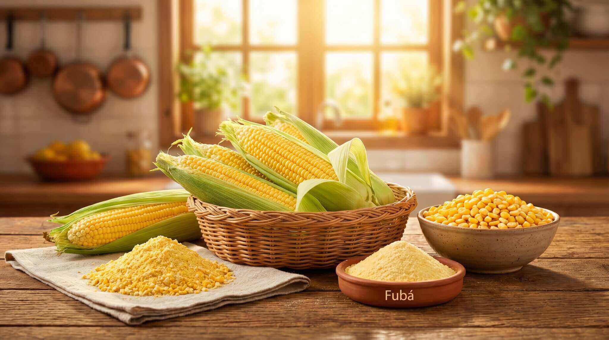 Composição rústica em uma mesa de madeira iluminada pela luz solar. Ao centro, um cesto de vime com espigas de milho frescas; ao lado, bowls e porções com grãos de milho, farinha grossa e fubá fino. A imagem ilustra as variadas texturas e formas de aproveitar o milho em diferentes estágios de processamento.