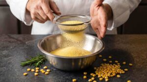 Close-up das mãos de um chef peneirando fubá ou farinha de milho amarela sobre uma tigela de metal. Sobre a bancada escura, há grãos de milho espalhados e um ramo de alecrim. A imagem demonstra uma das formas de aproveitar o milho no preparo de receitas caseiras e técnicas de culinária.