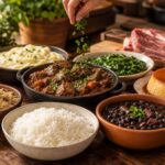 mesa com comidas, arroz branco, feijão preto, carne bovina, canjica, pudim de leite, purê de batata, couve, pimentão, alho e cebola