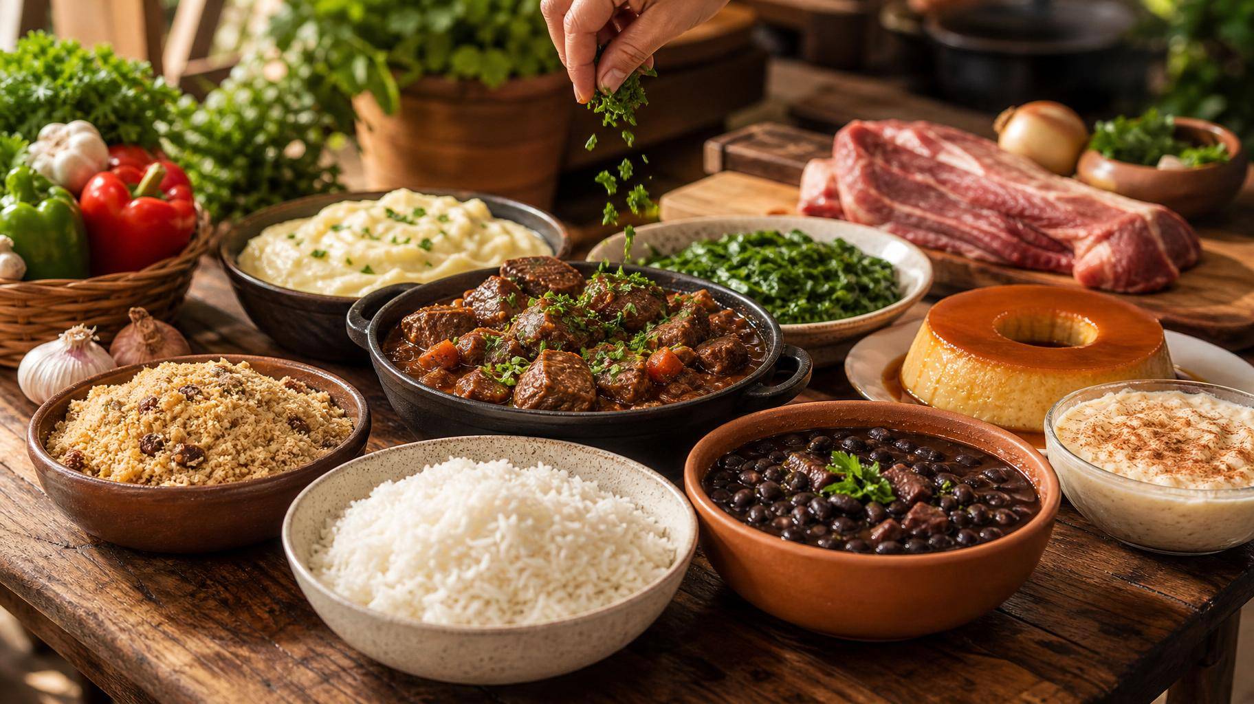 mesa com comidas, arroz branco, feijão preto, carne bovina, canjica, pudim de leite, purê de batata, couve, pimentão, alho e cebola