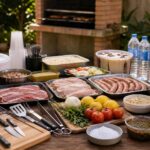 mesa com carnes, descartáveis e utensílios para churrasco, ao fundo uma churrasqueira