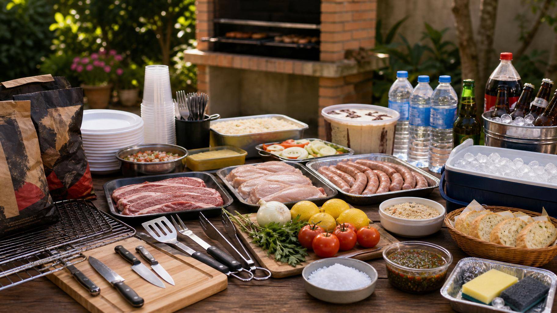 mesa com carnes, descartáveis e utensílios para churrasco, ao fundo uma churrasqueira