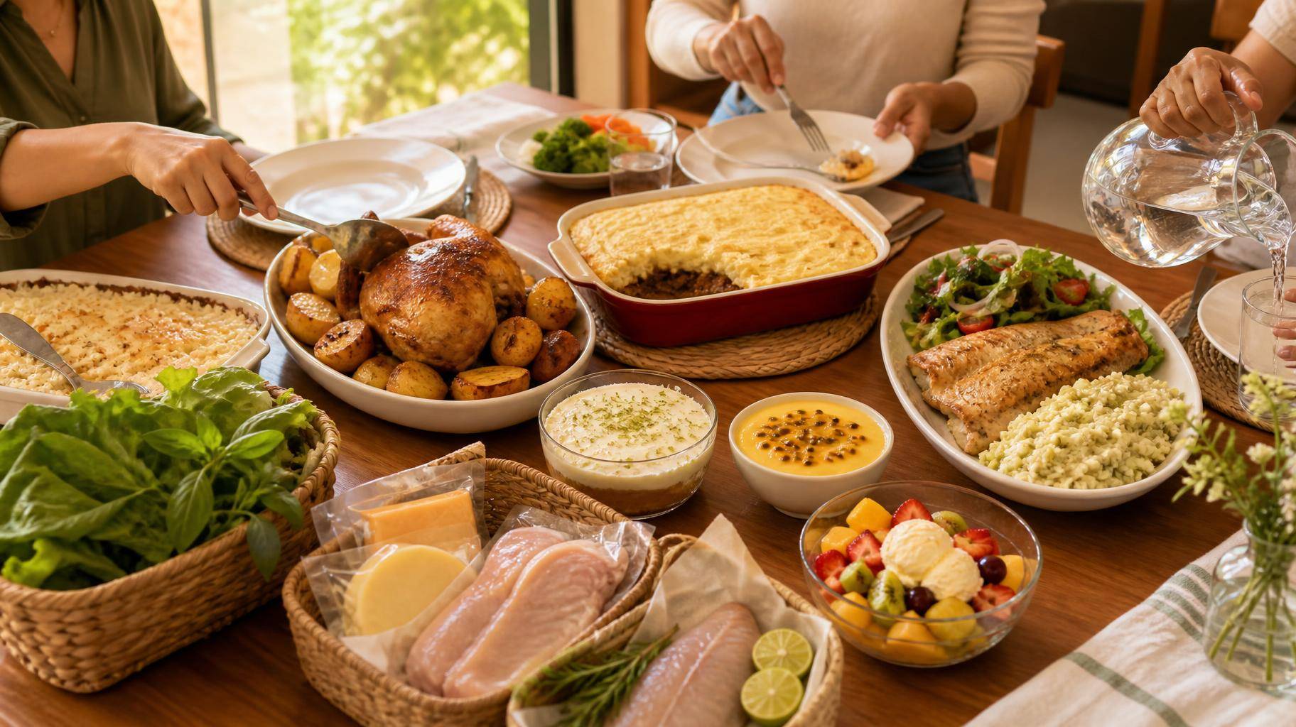 Almoço em família com 3 cardápios práticos, lista de compras e preparo por etapas para cozinhar melhor e aproveitar mais a mesa.