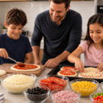 Família preparando pizzas caseiras