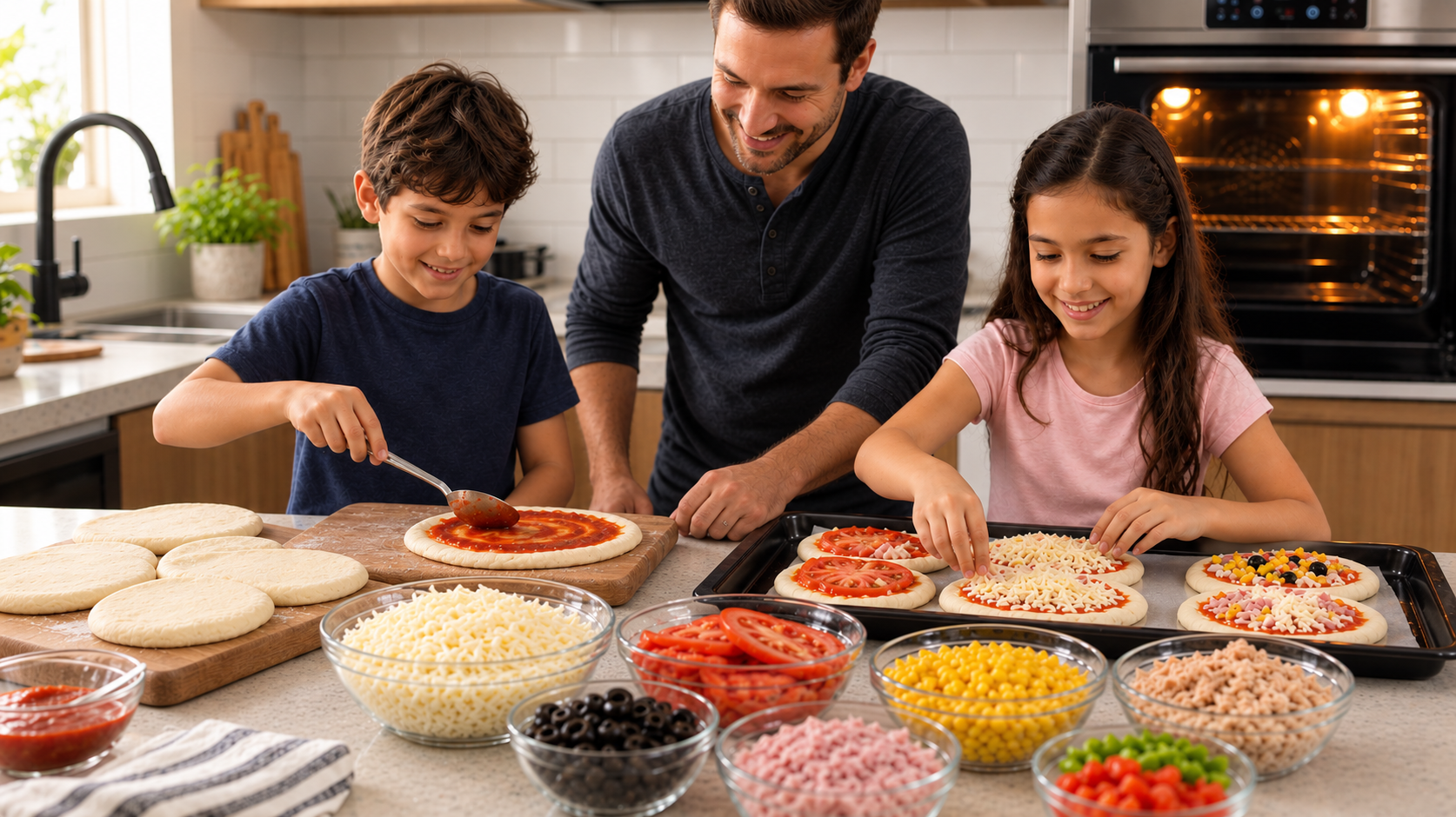 Família preparando pizzas caseiras