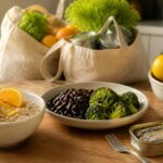 frutas, legumes, arroz, feijão