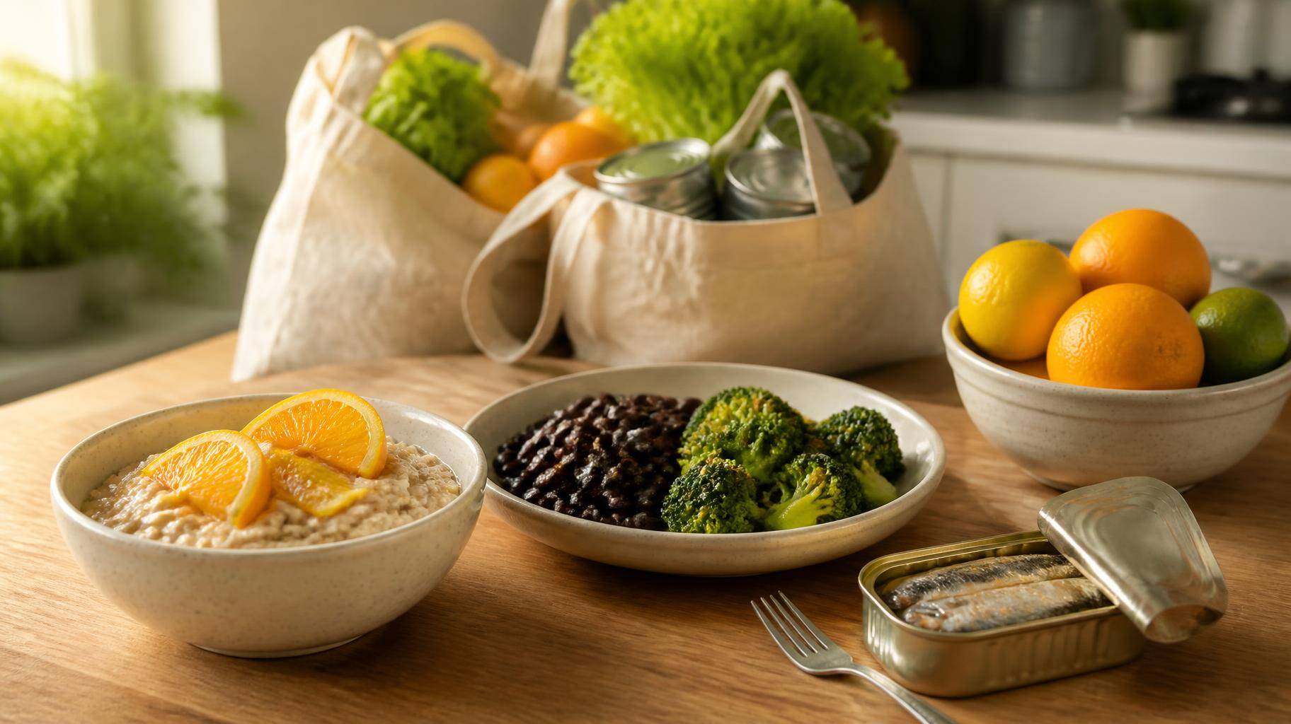 frutas, legumes, arroz, feijão
